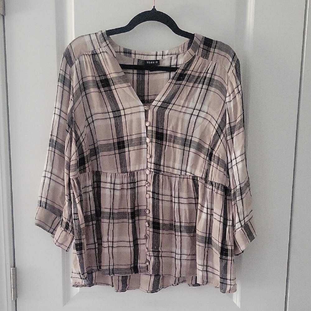 Torrid Plaid Blouse in Black and Cream
